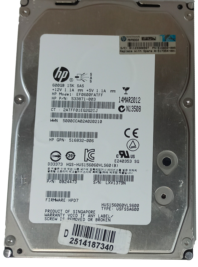 HP HUS156060VLS600 HDD 600GB 3.5" SAS 6GB/S 7.2K RPM 533871-003