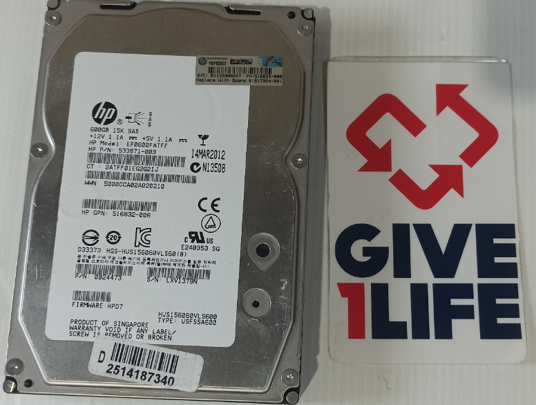 HP HUS156060VLS600 HDD 600GB 3.5" SAS 6GB/S 7.2K RPM 533871-003