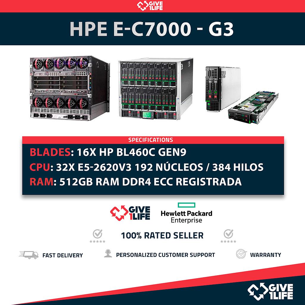 Chassis HP E-C7000 G3 + 16 x Blades BL460C Gen9 E5-2620 V3 512GB RAM 192CO/384TH + 2X HP 10GbE Pass-Thru