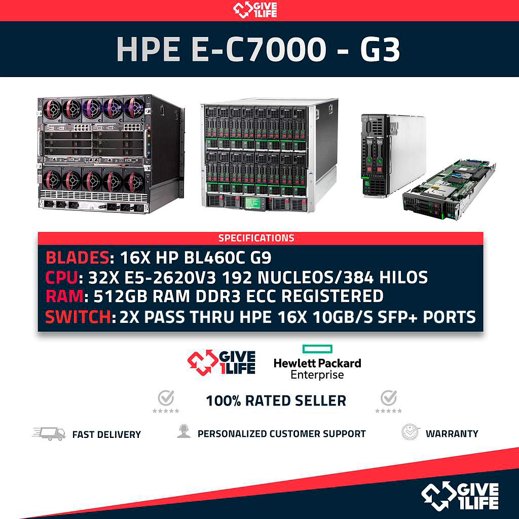 Chassis HP E-C7000 G3 + 16 x Blades BL460C Gen9 E5-2620 V3 512GB RAM 192CO/384TH + 2X HP 10GbE Pass-Thru