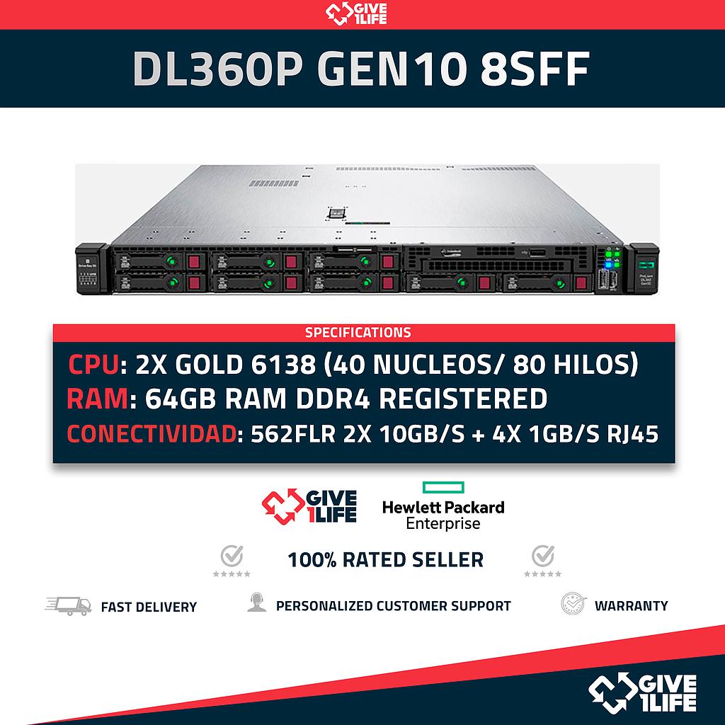 HP Proliant DL360 Gen10 8SFF 2x Gold 6138 (40 Núcleos/ 80 Hilos) 64GB ECC DDR4 P408i-a SR/2GB 331FLR 2x PSU