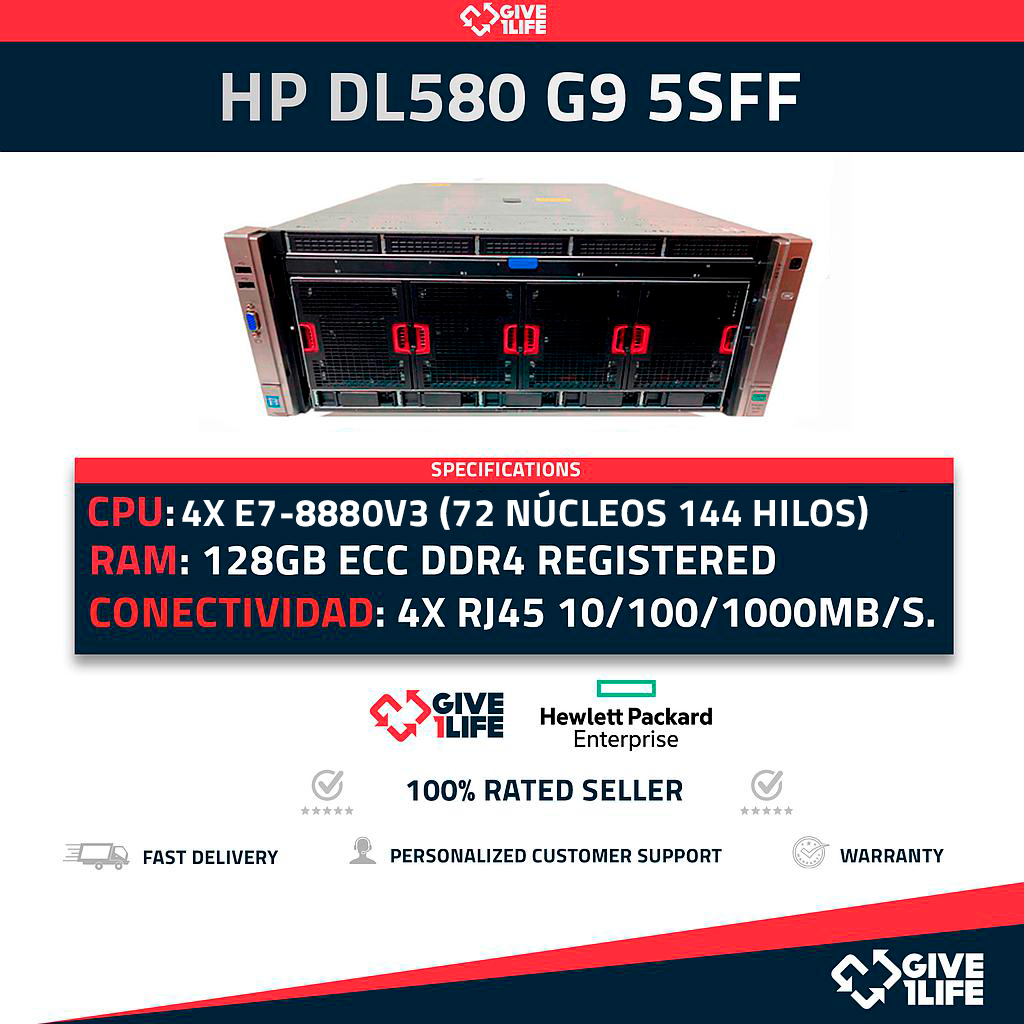 HP Proliant DL580 Gen9 5SFF 4x E7-8880 V3 (72 Núcleos 144 Hilos) 128GB ECC P830i 331FLR