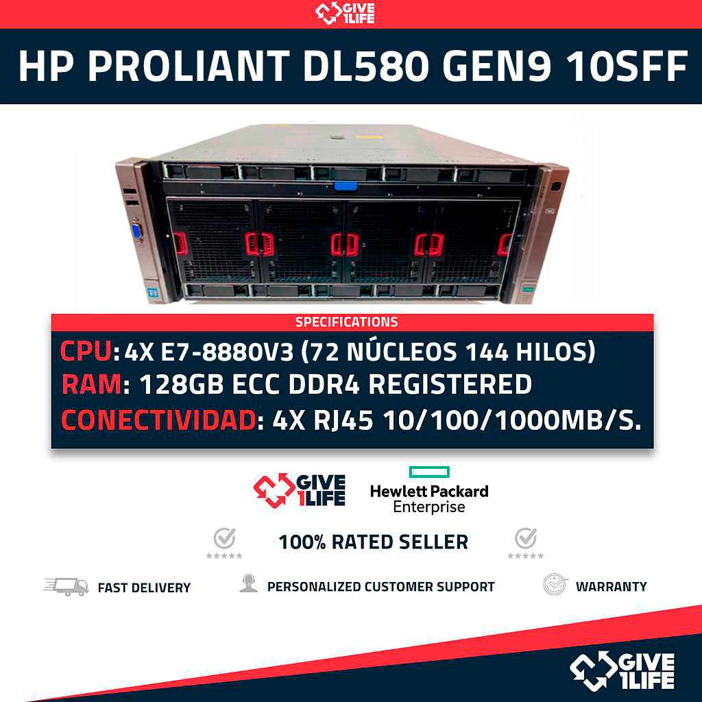 HP Proliant DL580 Gen9 10SFF 4x E7-8880 V3 (72 Núcleos 144 Hilos) 128GB ECC P830i 331FLR