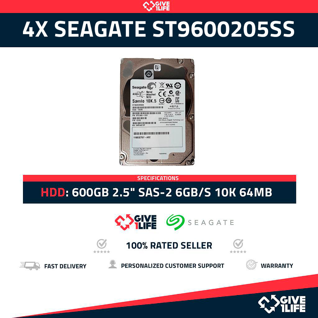 4x SEAGATE ST9600205SS 600GB HDD 2.5" SAS-2 6GB/S 10K 64MB