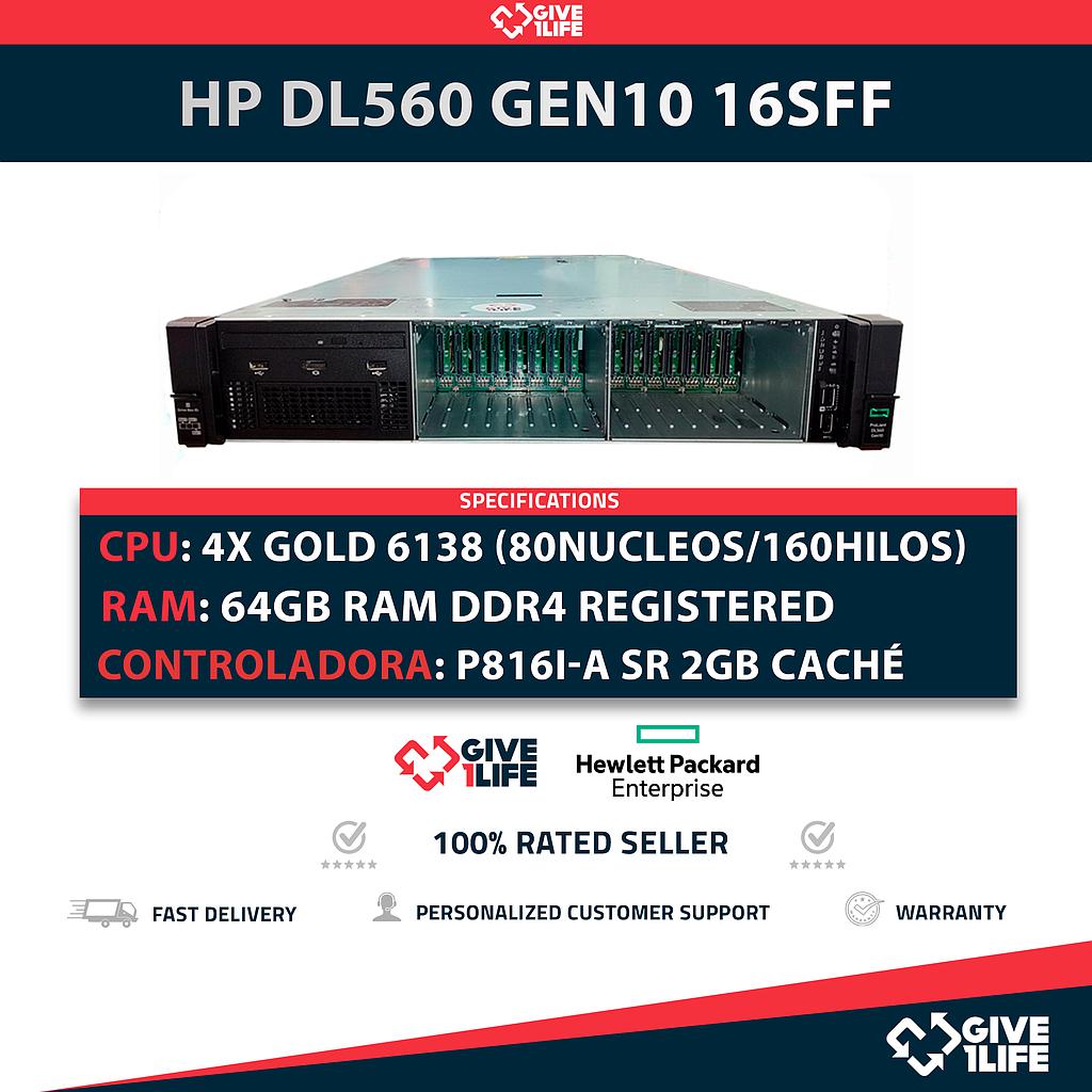 Servidor Rack HP DL560 Gen10 16SFF 4x GOLD 6138 + 64GB DDR4 + P816i-a SR + 533 FLR-T + 2 PSU