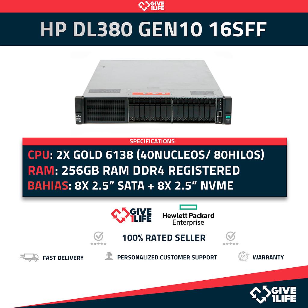 HP Proliant DL380 Gen10 16SFF (8X NVME) 2x Gold 6138 (40 Núcleos 80 Hilos) 256GB RAM S100i 2 PSU