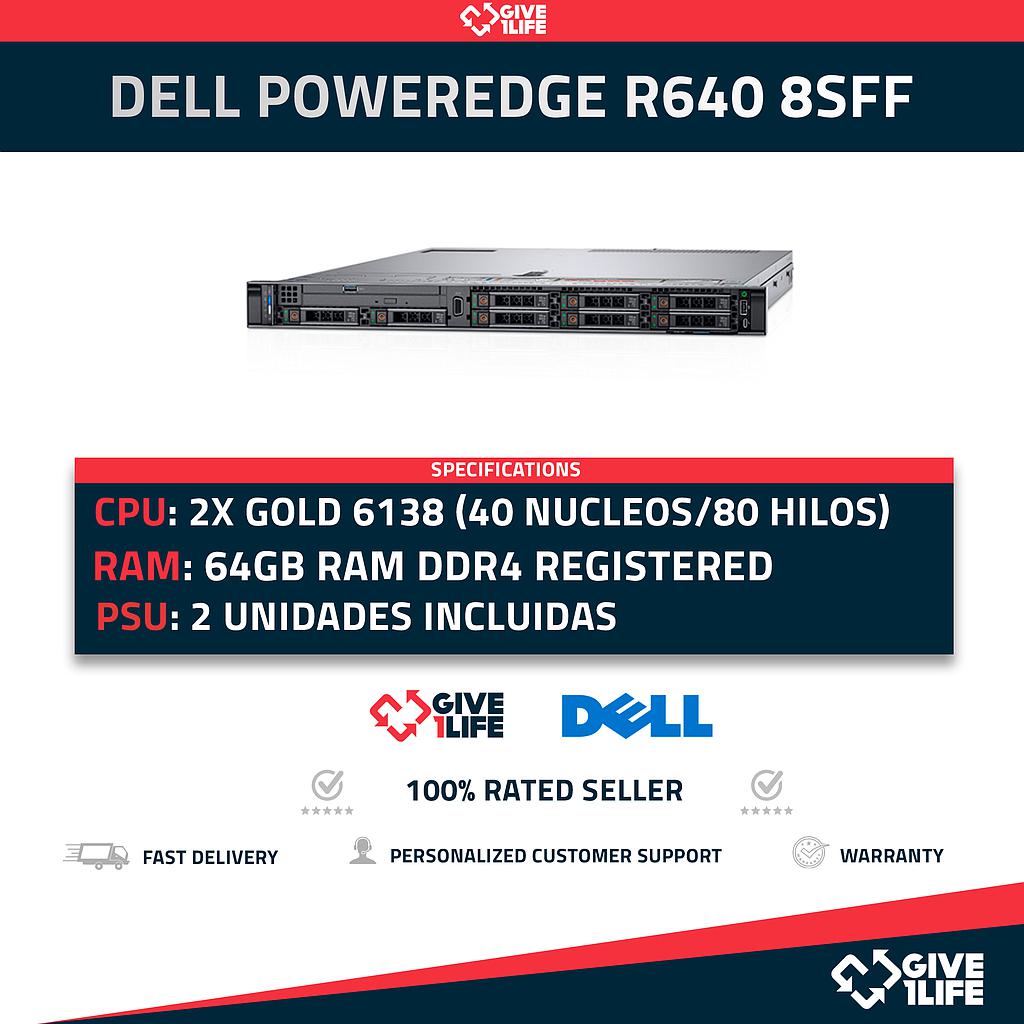 Servidor Rack DELLPowerEdge R640 8SFF 2x Gold 6138 + 64GB DDR4+ H730P