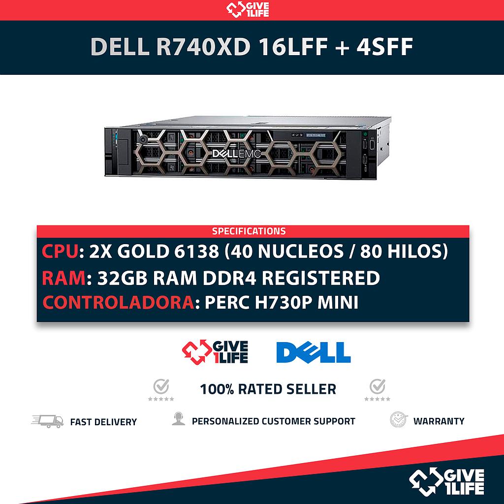 Dell PowerEdge R740XD 16LFF + 4SFF 2x Xeon Gold 6138 40 Núcleos 80 Hilos 32GB RAM PERC H730P Mini + 2 PSU
