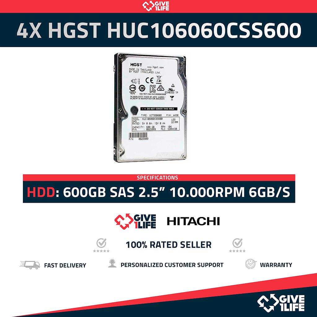 4 X Hitachi SAS Enterprise HUC106060CSS600, 600GB 10K SAS 2.5" PARA SERVIDORES-