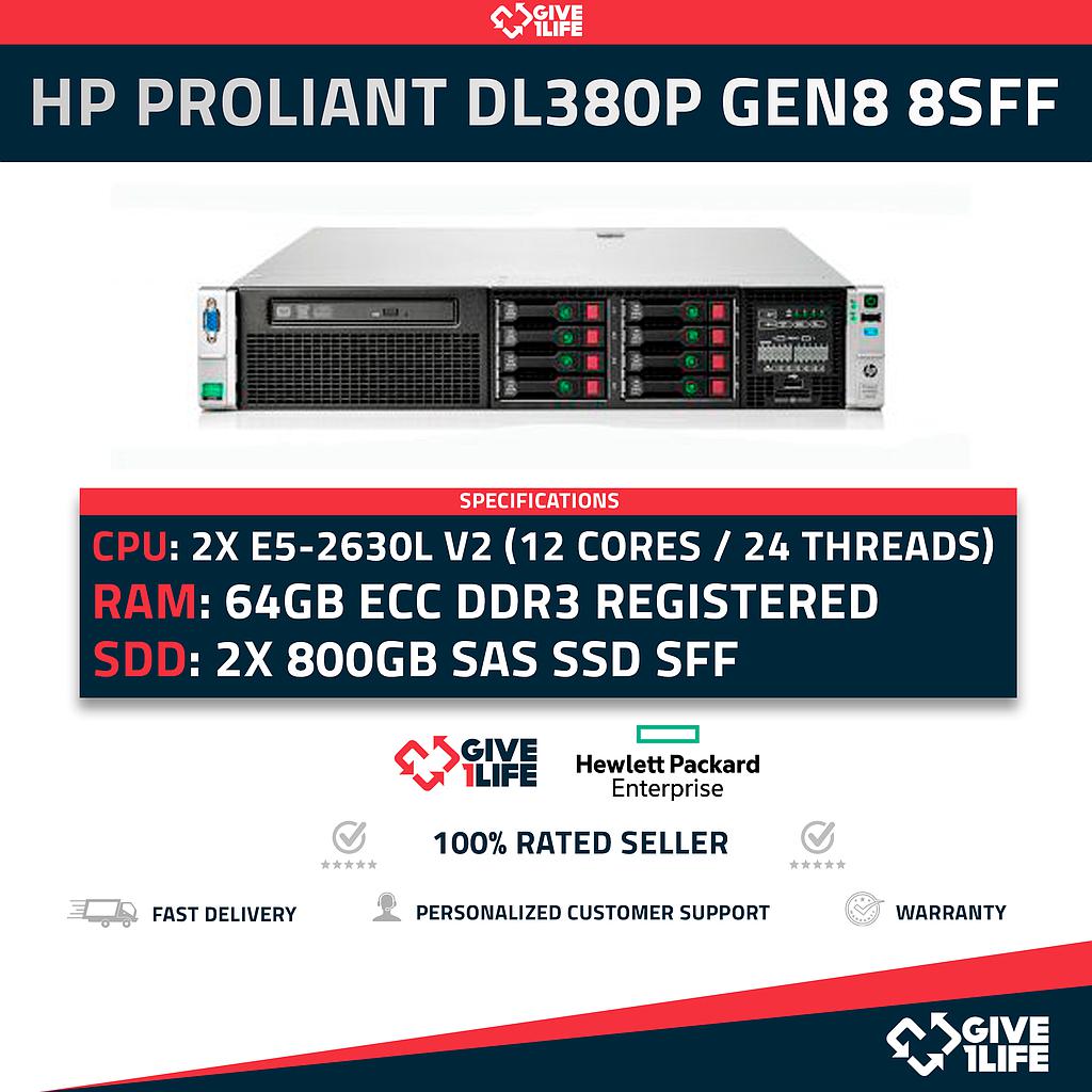 HP Proliant DL380P Gen8 8SFF 2x E5-2640 12 Núcleos 24 Hilos 64GB RAM 1.6TB SSD 2 Caddy 2 PSU