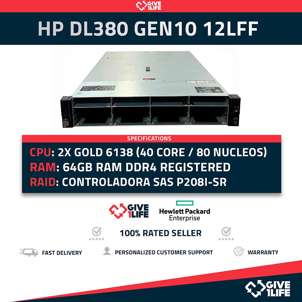 HP Proliant DL380 Gen10 12LFF + 2SFF 2x Gold 6138 (40 Núcleos 80 Hilos) 64GB RAM E208i-SR 2x PSU