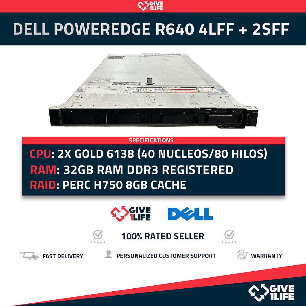 DELL PowerEdge R640 4LFF + 2SFF NVME 2x Xeon Gold 6138 40 Núcleos 80 Hilos 32GB RAM PERC H750 8GB CACHE