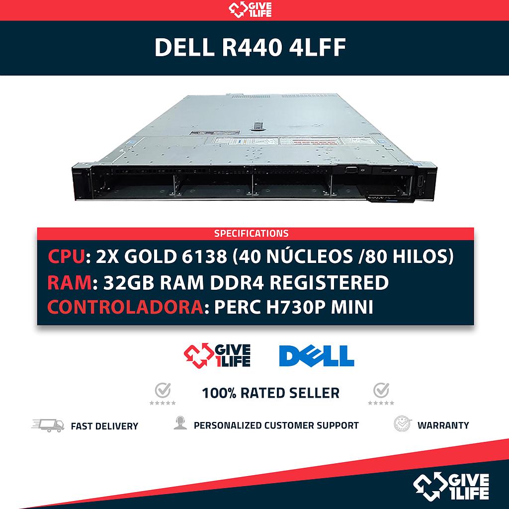 Dell PowerEdge R440 4LFF 2x Xeon Gold 6138 40 Núcleos 80 Hilos 32GB RAM DDR4 PERC H730P