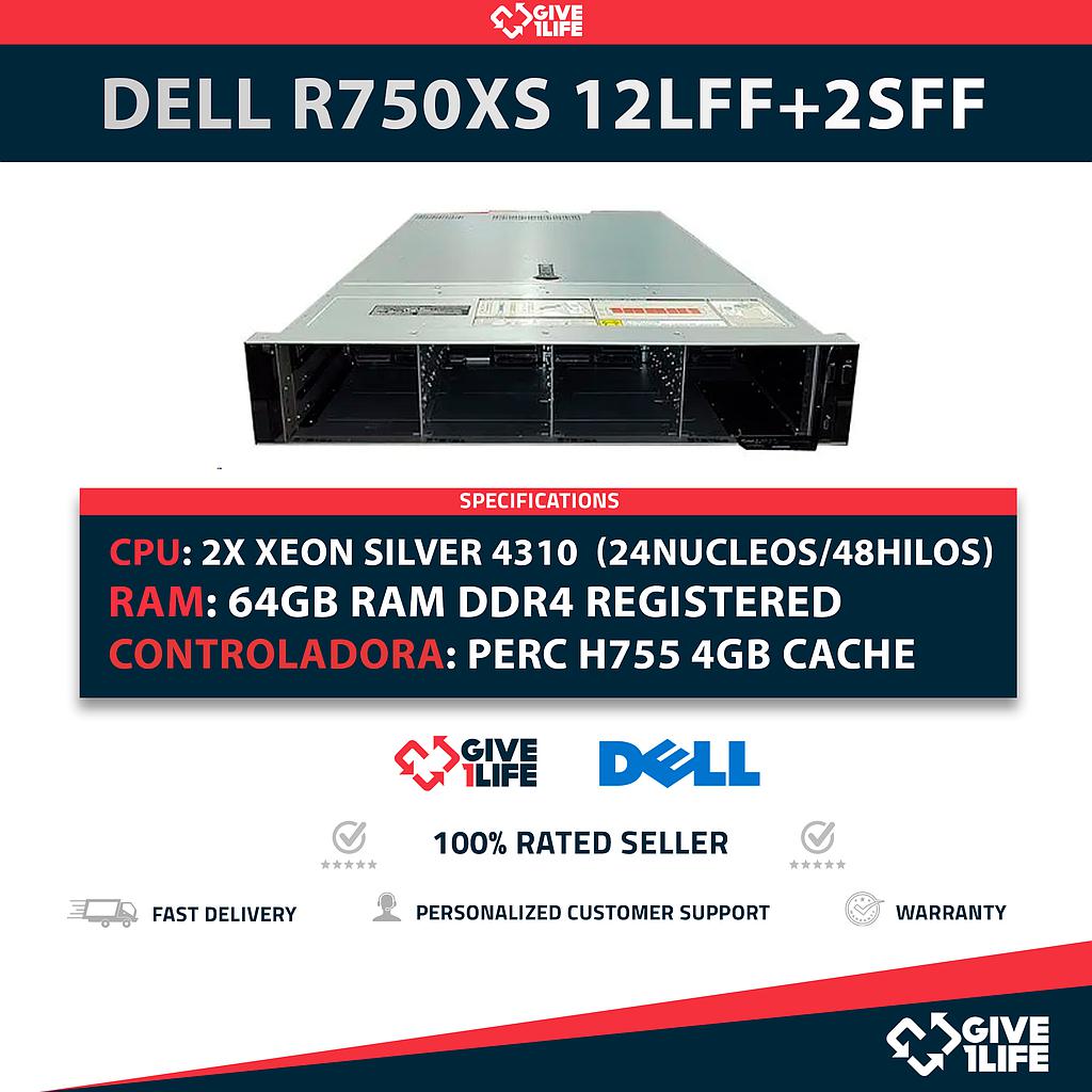 Servidor Rack DELL PowerEdge R750XS 12LFF + 2SFF 2x Xeon Silver 4310 ( 24 Núcleos / 48 Hilos @3.30Ghz)+ 64GB DDR4+ H755 4GB CACHÉ