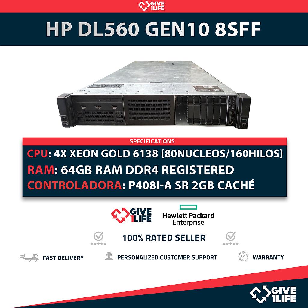 Servidor Rack HP DL560 Gen10 8SFF 4x GOLD 6138 + 64GB DDR4 + P408i-a SR 2GB Caché + 534FLR + 2 PSU
