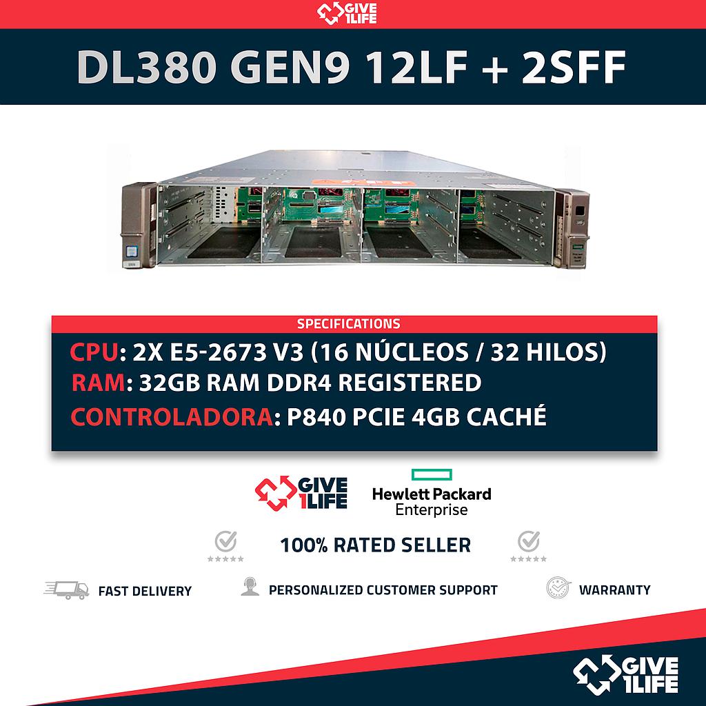 HP Proliant DL380 Gen9 12LFF + 2SFF 2x E5-2673 V3 (16 Núcleos / 32 Hilos) 32GB RAM P840 PCIe 2x PSU 1400W