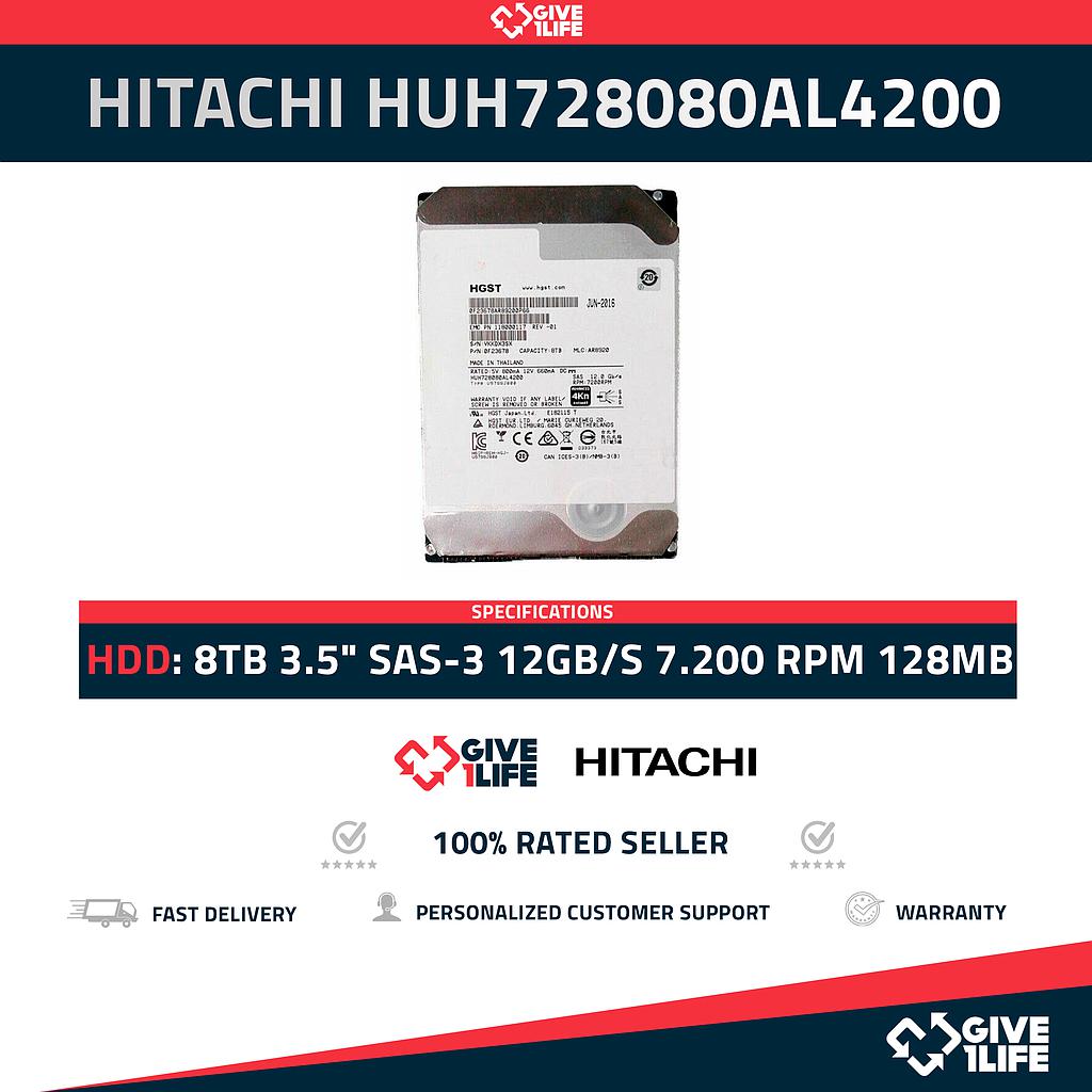HITACHI HUH728080AL4200 8TB Formato Avanzado 4KN HDD 3.5" SAS-3 12GB/S 7.200 RPM 128MB CACHÉ 4KN