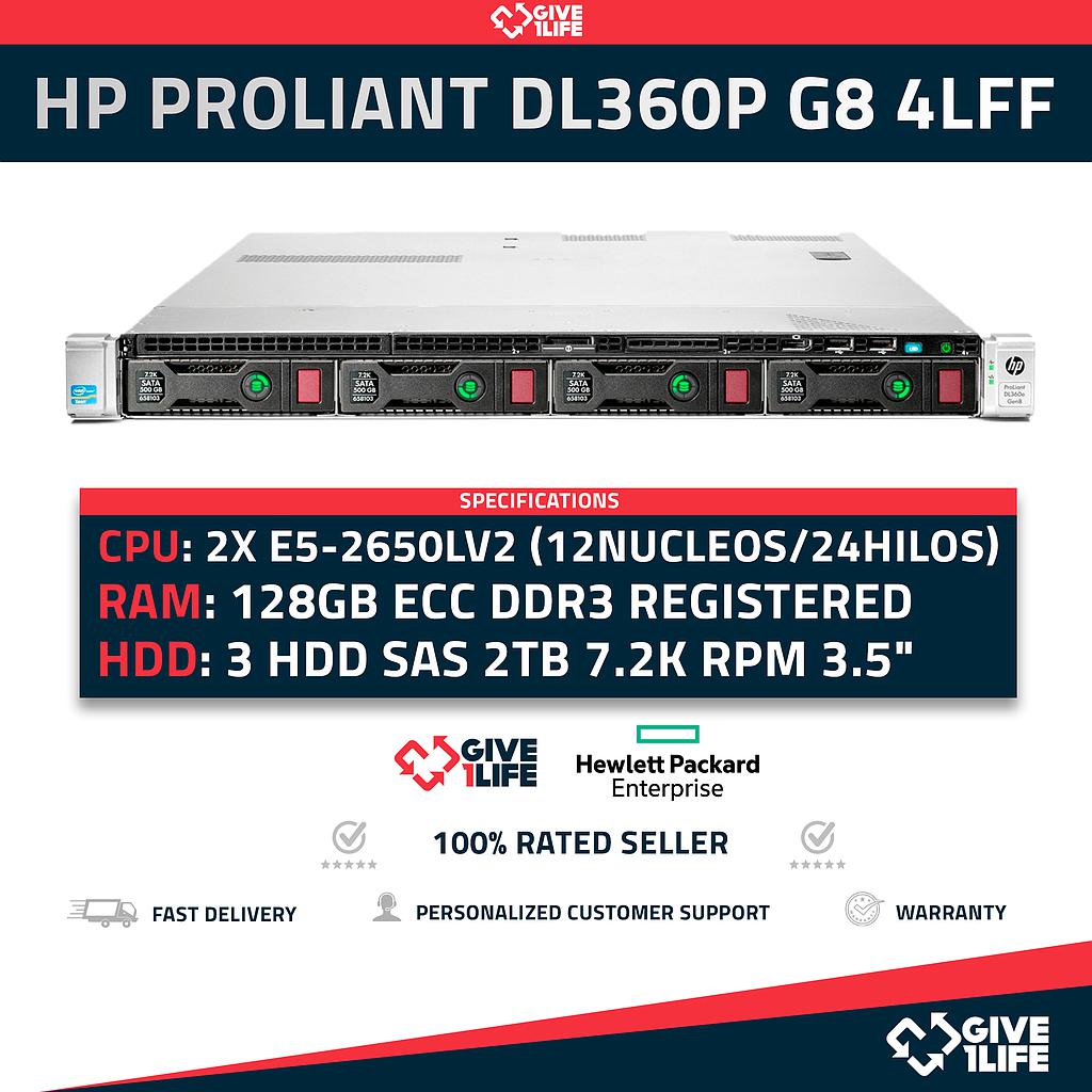 Servidor Rack HP DL360 G8 4LFF 2x E5-2650Lv2 +128GB RAM+ P420 + 3x2TB 763480-B21