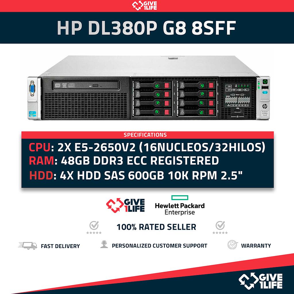 Servidor Rack HP DL380P G8 8SFF 2x E5-2650v2 +48GB RAM +P420 +2 PSU HSTNS-5163