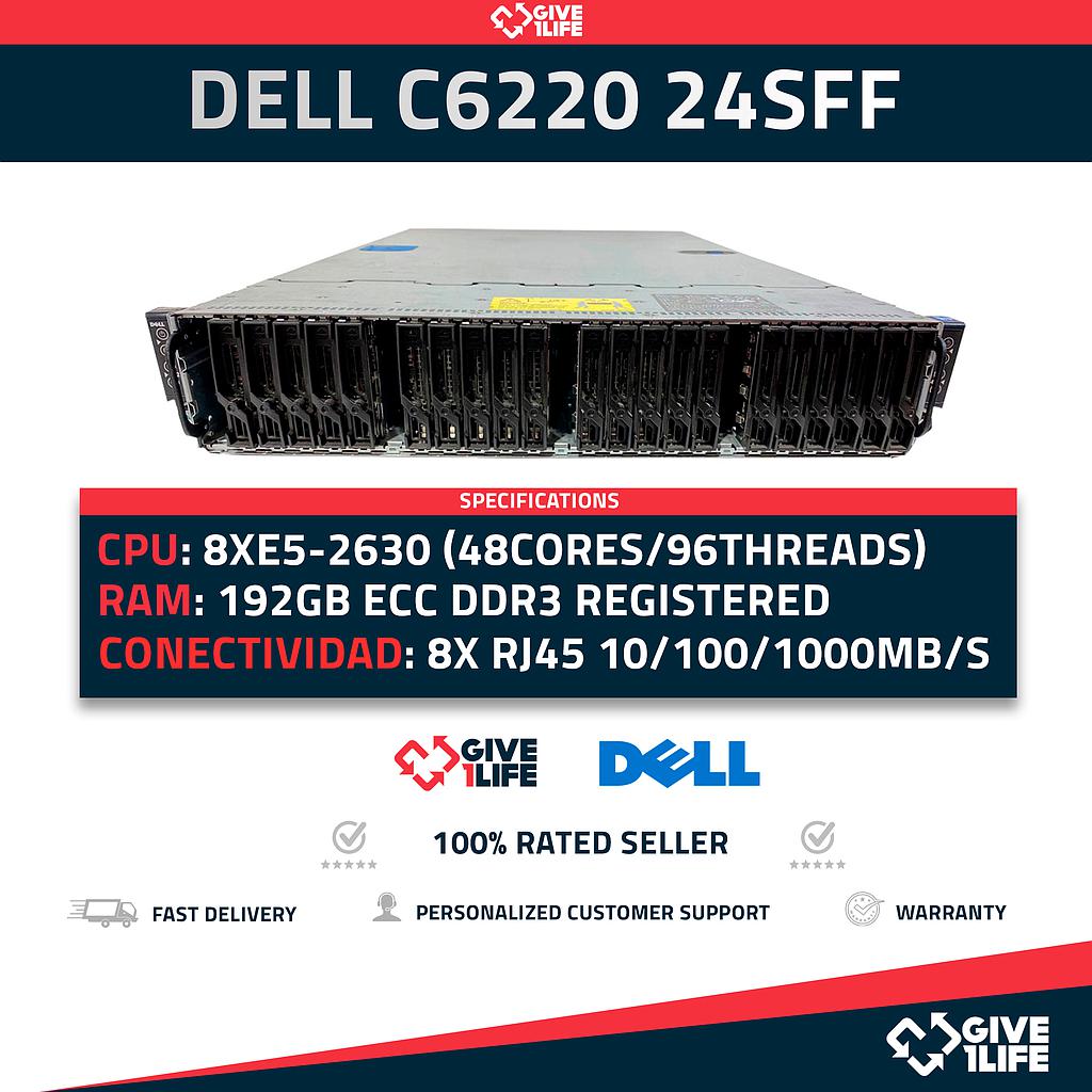 Servidor Rack DELL C6220 24SFF 4x NODOS 9N44V - 8xE5-2630(48C/96T)+192GB +2PSU