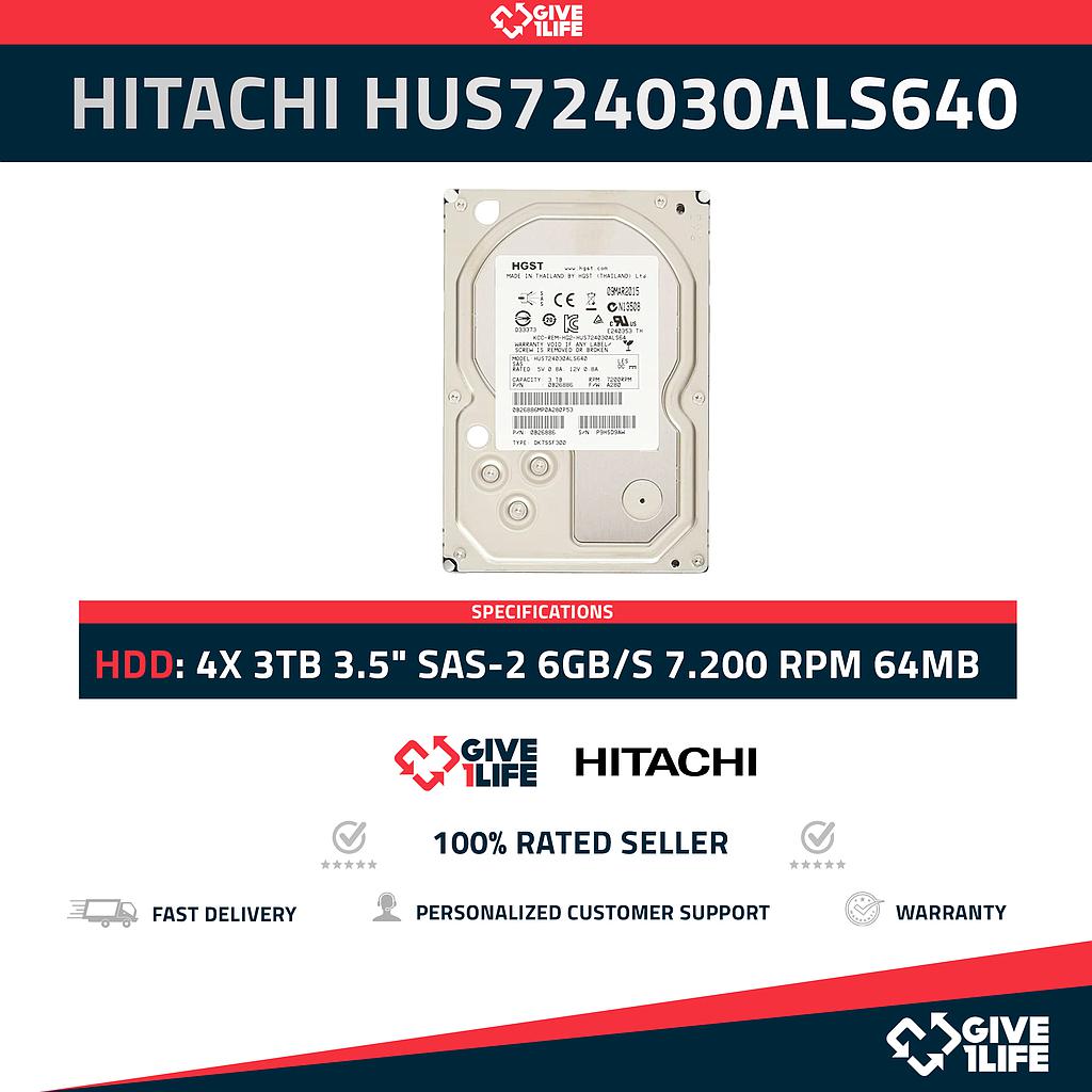 4 PC LOT HITACHI  HUS724030ALS640 3TB HDD 3.5" SAS-2 6GB/S 7.200 RPM 64MB