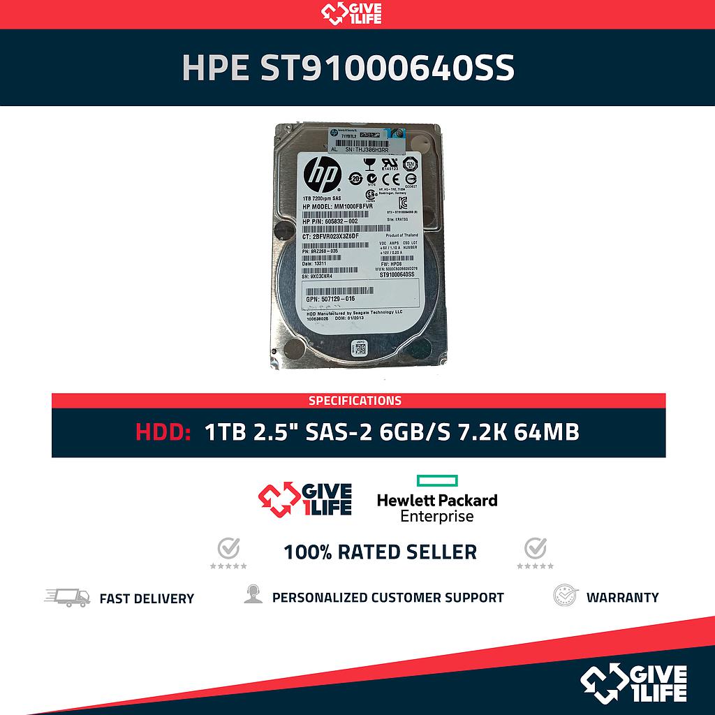 HPE ST91000640SS 1TB HDD 2.5" SAS-2 6GB/S 7.2K 64MB - 725118-001
