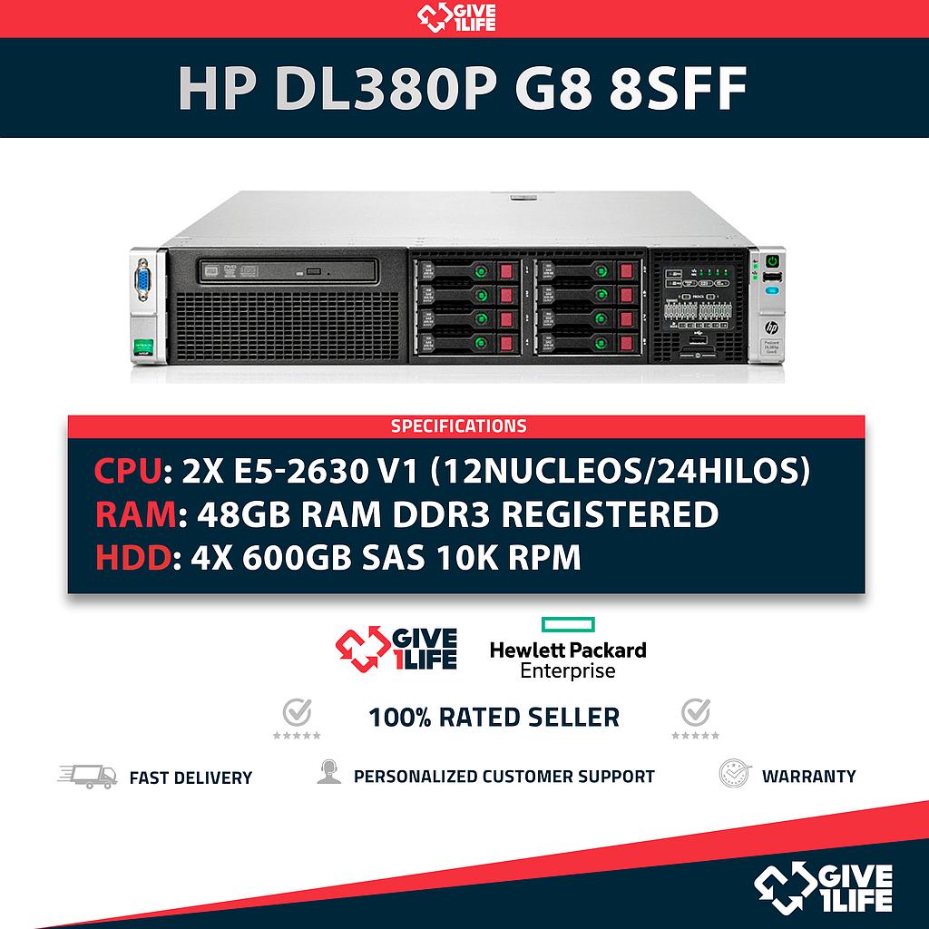 Servidor Rack HP DL380P G8 8SFF 2x E5-2630 V1 + 48GB RAM +P420 + 2 PSU + 4x 600GB