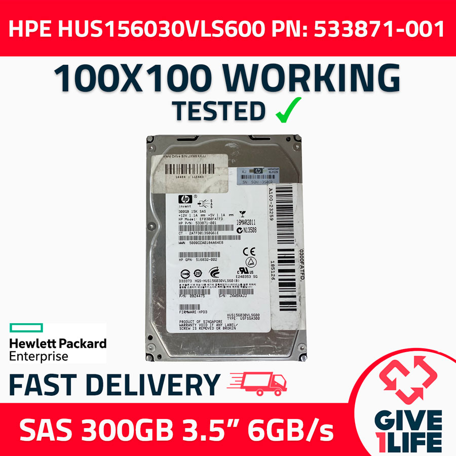HP HUS156030VLS600 HDD SAS 300GB 3.5" 15K RPM 6GB/S 64MB CACHE PN:533871-001