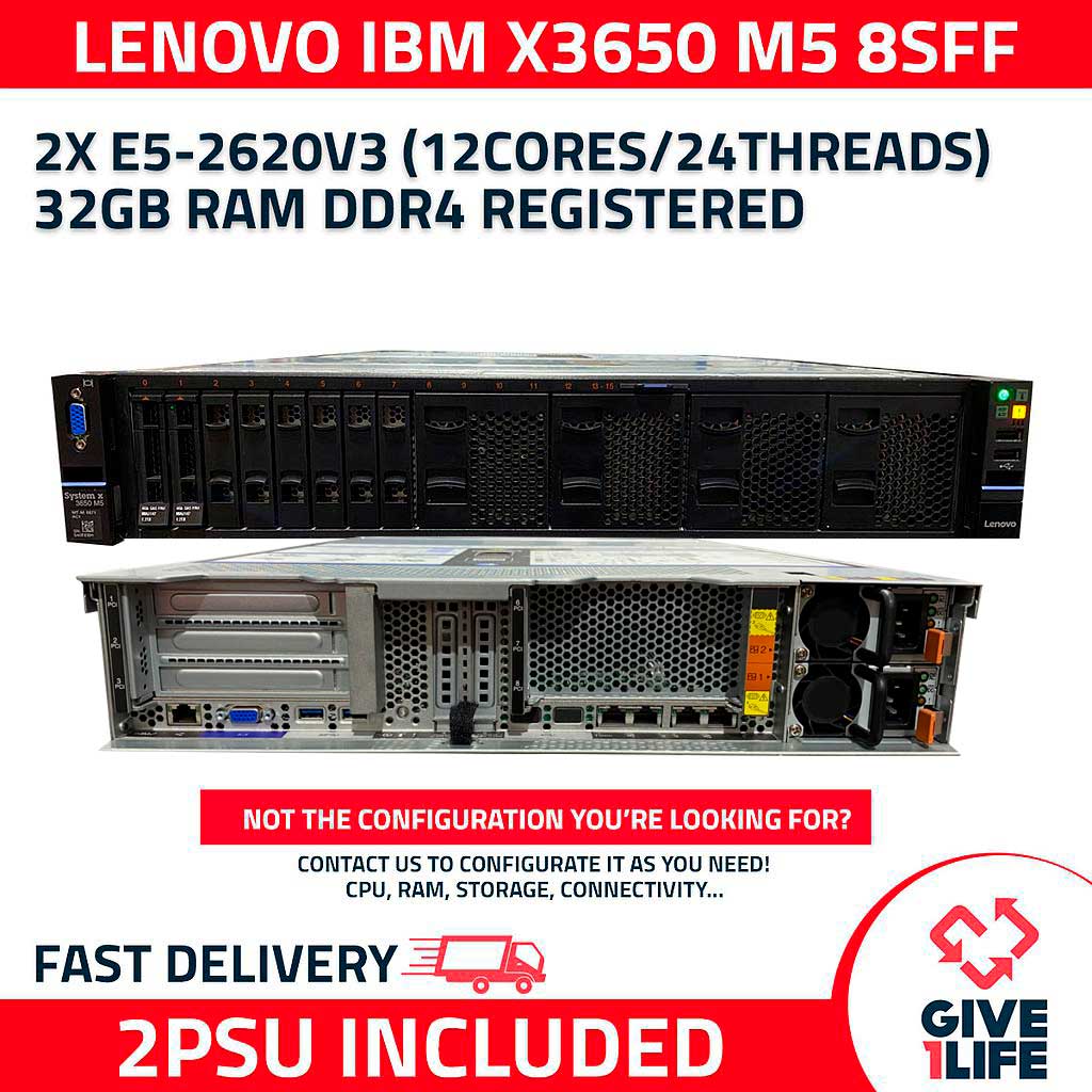 Servidor Rack IBM X3650 M5 8SFF 2xE5-2620V3 + 32GB DDR4 + M5210 + 2PSU 8871-AC1