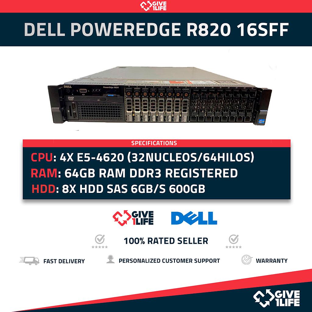 Servidor Rack DELL PowerEdge R820 16SFF 4x E5-4620 + 64GB + H710 + 8x600GB