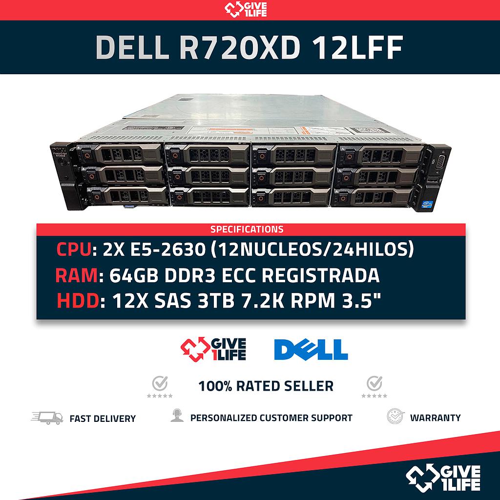 Servidor Rack DELL PowerEdge R720XD 12LFF 2xE5-2630+64GB+12X3TB+12CADDY 6HGV2