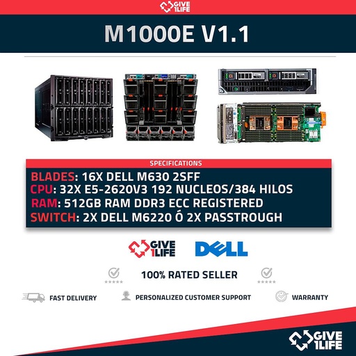 [716] DELL M1000E V1.1 Blade Chassis + 16x M630 192 Cores 384 Threads 512GB RAM DDR4  + 2X M6220