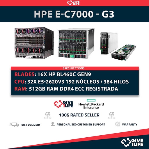 [717] Chassis HP E-C7000 G3 + 16 x Blades BL460C Gen9 E5-2620 V3 512GB RAM 192CO/384TH + 2X HP 10GbE Pass-Thru