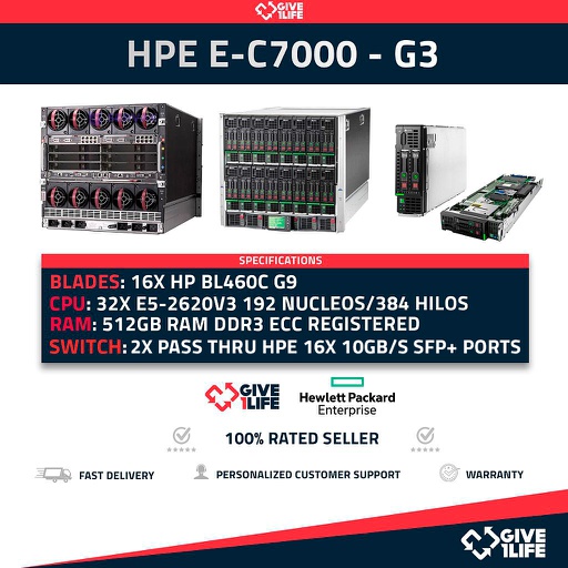 [717] Chassis HP E-C7000 G3 + 16 x Blades BL460C Gen9 E5-2620 V3 512GB RAM 192CO/384TH + 2X HP 10GbE Pass-Thru