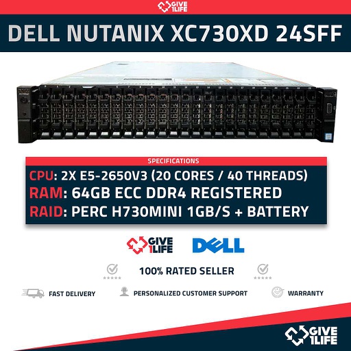 [760] Dell Nutanix XC730XD 24SFF 2x E5-2650V3 (20Núcleos/40Hilos) 64GB DDR4 PERC H730 2 PSU