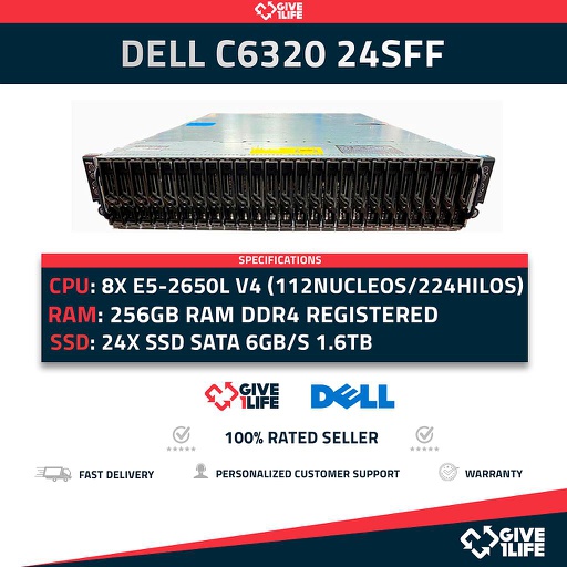 [803] Servidor Rack DELL C6320 24SFF 4xNODOS RW6H4 – 8 x E5-2650Lv4 (112C/224T) + 256GB + 2 PSU + 24x SSD SATA 1.6TB