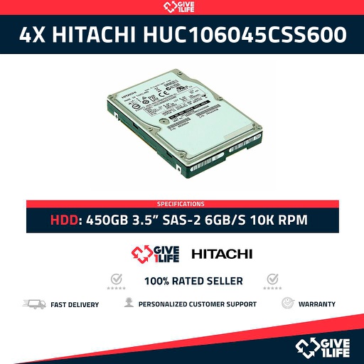 [832x4] 4x HITACHI HUC106045CSS600 450GB HDD 2.5" SAS-2 6GB/S 10K 64MB