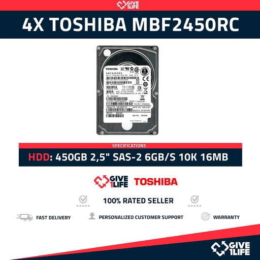 [825x4] 4x TOSHIBA MBF2450RC 450GB HDD 2,5" SAS-2 6GB/S 10K 16MB - SERVIDOR DELL / HP / IBM