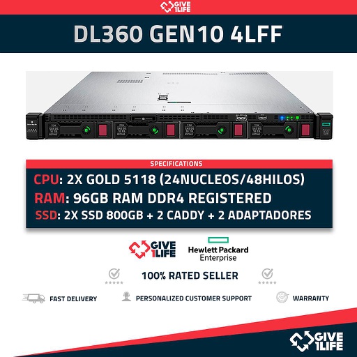 [866] HP Proliant DL360 Gen10 4LFF 2x Gold 5118 24 Núcleos 48 Hilos 96GB RAM 1.6TB SSD P408i 2 PSU
