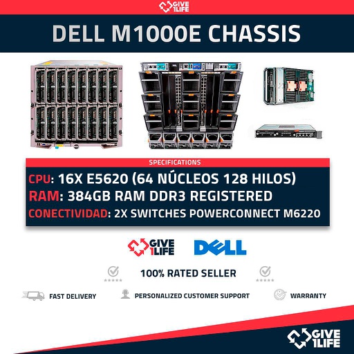 [907] DELL M1000e Blade + 16 x M610 384GB RAM 64CO/128TH + 2X M6220