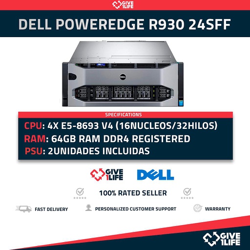 [1127] Servidor Rack DELL R930 24SFF 4x E7-8893 v4 + 64GB DDR4+ H730P