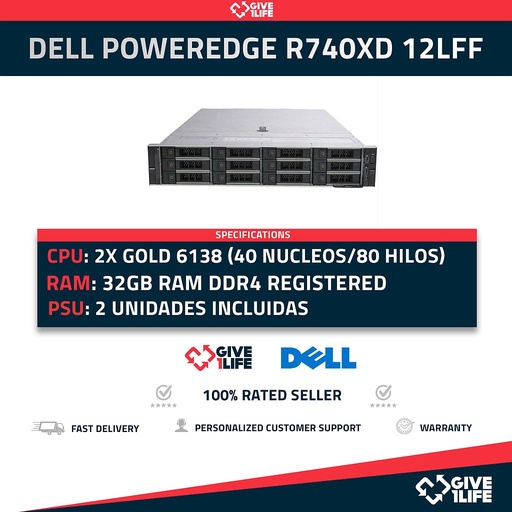 [1141] Servidor Rack DELL PowerEdge R740XD 12LFF 2x Gold 6138 + 32GB DDR4+ H730