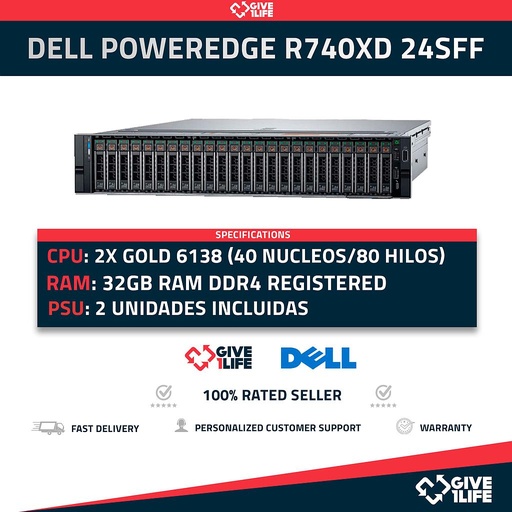 [1143] Servidor Rack DELL PowerEdge R740XD 24SFF 2x Gold 6138 + 32GB DDR4+ H740P