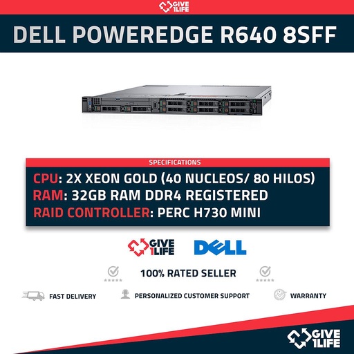[1175] Dell PowerEdge R640 8SFF 2x Xeon Gold 6138 40 Núcleos 80 Hilos 32GB RAM PERC H730Mini