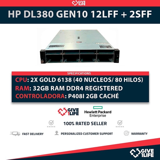 [1269] HP Proliant DL380 Gen10 12LFF + 2SFF 2x Gold 6138 (40 Núcleos 80 Hilos) 32GB RAM P408i 2x PSU