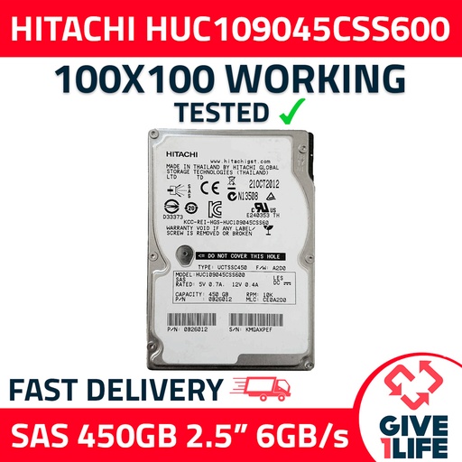 [1744] HITACHI HUC109045CSS600 450GB HDD 2.5" SAS-2 6GB/S 10K 64MB