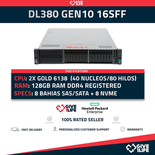 [1319] HP Proliant DL380 Gen10 16SFF (8X NVME) 2x Gold 6138 (40 Núcleos 80 Hilos) 128GB RAM P408i-a SR 2 PSU