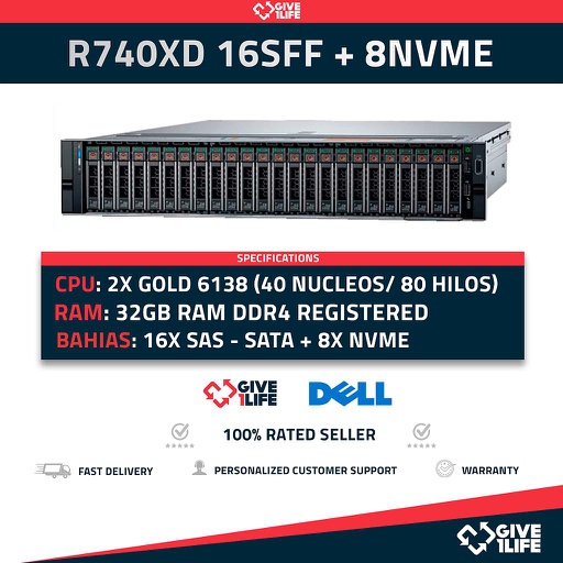 [1329] Servidor Rack DELL PowerEdge R740XD 24 SFF "8 NVME" 2x Gold 6138 + 32GB DDR4+ H740P