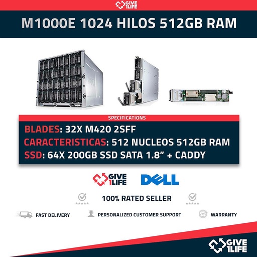 [1330] M1000E 1024 HILOS 512GB RAM - M1000e Blade Center 32x M420 64x E5-2450L 512 Núcleos 1024 Hilos 512GB RAM!! 64x 200GB SSD