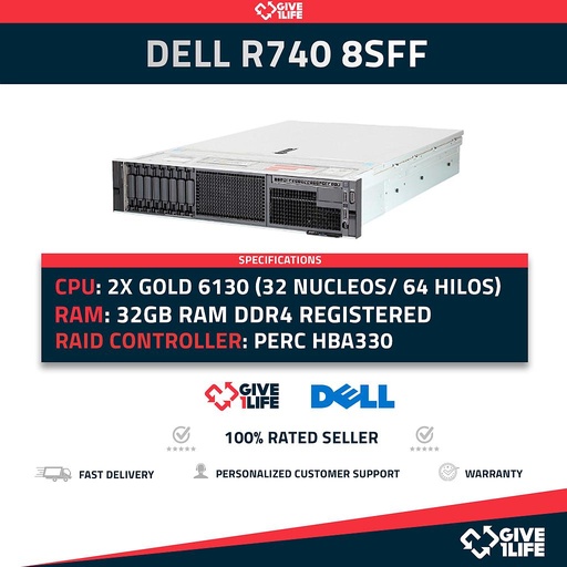 [1334] Dell PowerEdge R740 8SFF 2x Xeon Gold 6130 32 Núcleos 64 Hilos 32GB RAM PERC HBA330